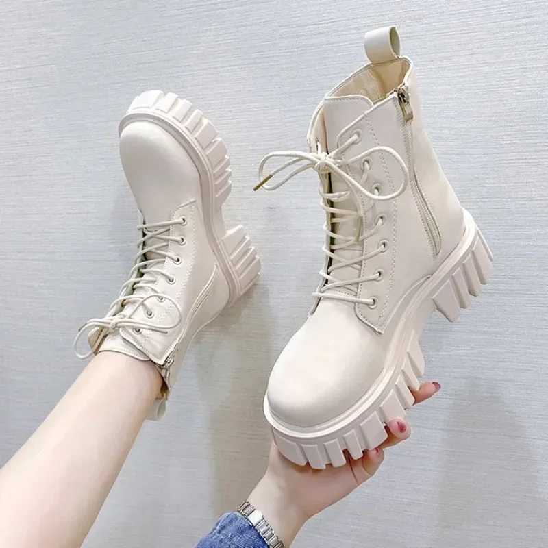 2024Womens Boots Fi Mid Calf Boot PU Leather Casual Boots N-Slip Platform Boots for Women Lace Up Ankle Boot Botas MujerXJ250217