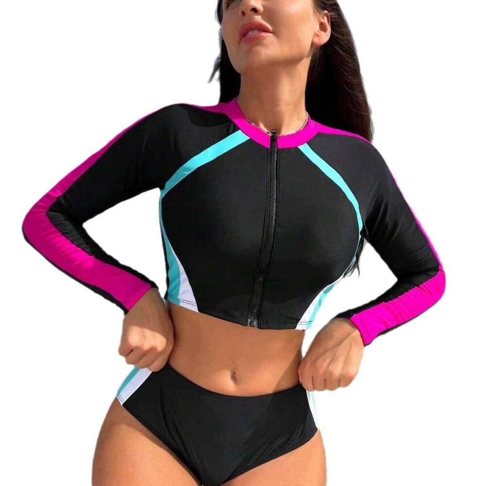 Qianmo 2025 Split Color Blocked Long Sleeved Sunscreen Triangle Surfing Snorkeling Suits Female Swimsuit Womens Swimwear New Product New Arrival