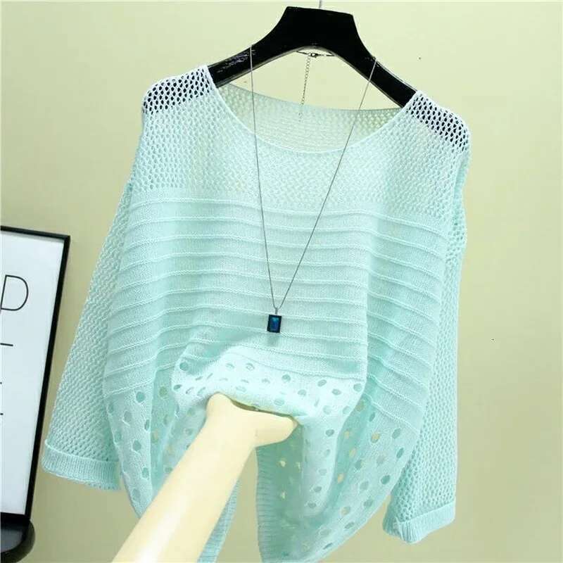 Spring And Summer New Ice Silk Hollow Out Knitted Top Thin Bottoming Sg Streetwear Womens Clothing White Shirt Elegant Blouse