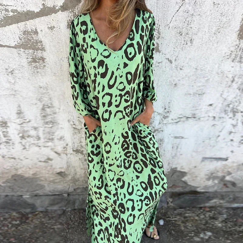Retro leopard print loose long dress for women in spring elegant V-neck pocket long dress for autumn 3/4 sleeve bohemian holiday dress 250213
