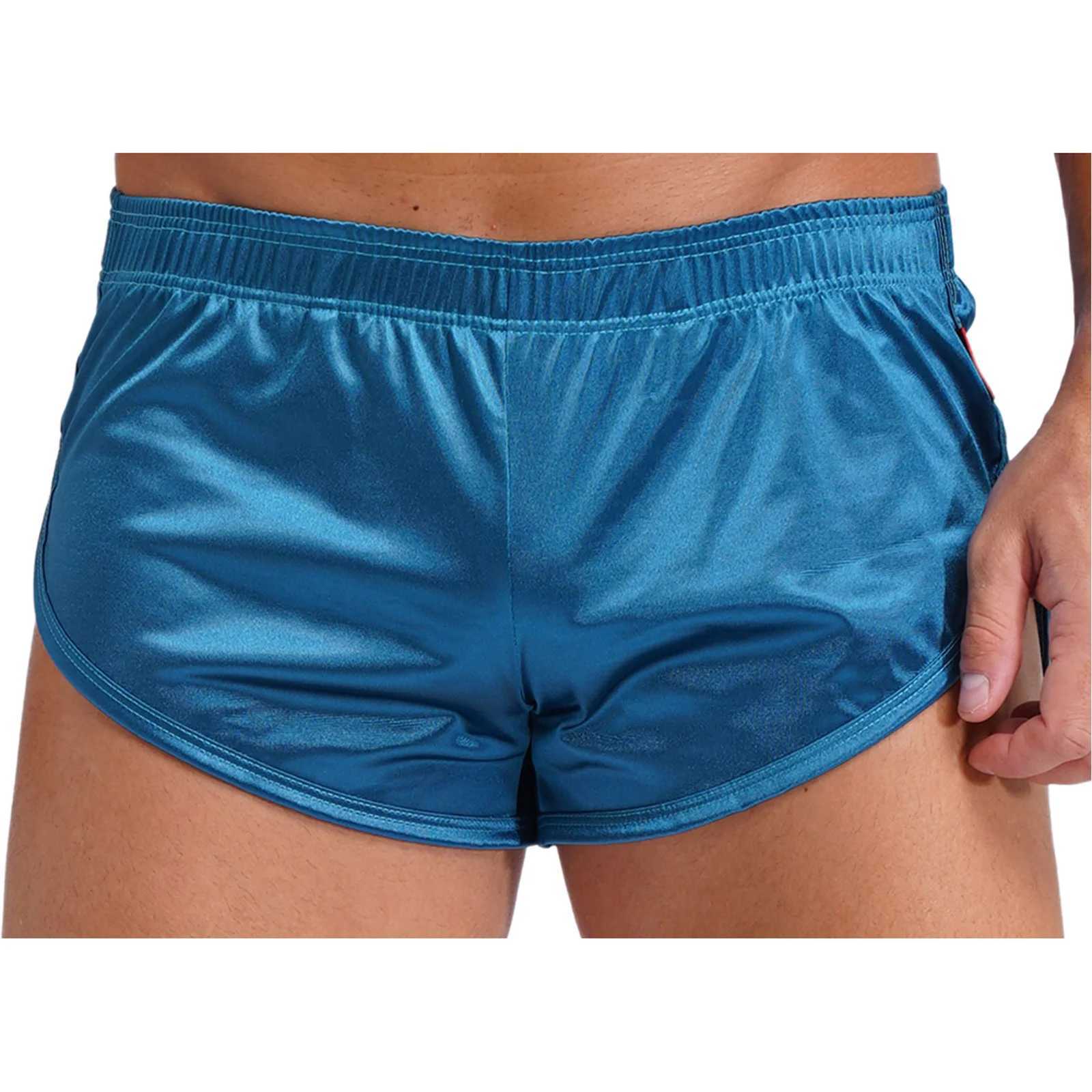 Mens Side Split Satin Swim Shorts Built-in Bulge Pouch Boxer Brief Shorts Swimming Trunks Pajama Bottoms Loungewear Homewear M250218