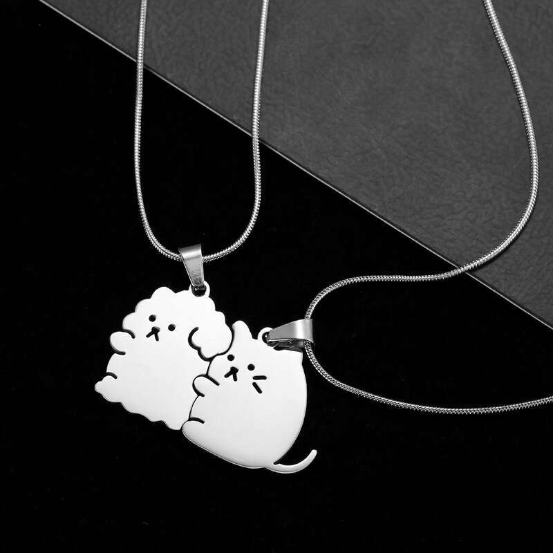 New product splicing style hing kitten, puppy, couple, best friend, cute cartoon men's and women's stainless steel necklace