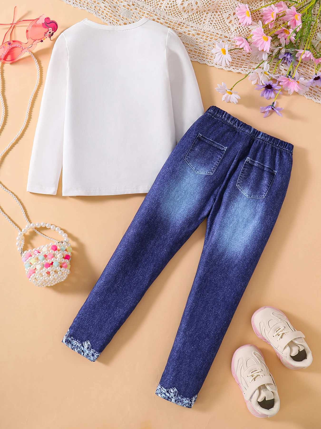 Girls spring and autumn new childrens fashion outdoor casual 2-piece round neck print long sleeve blue slim pants suit W250218