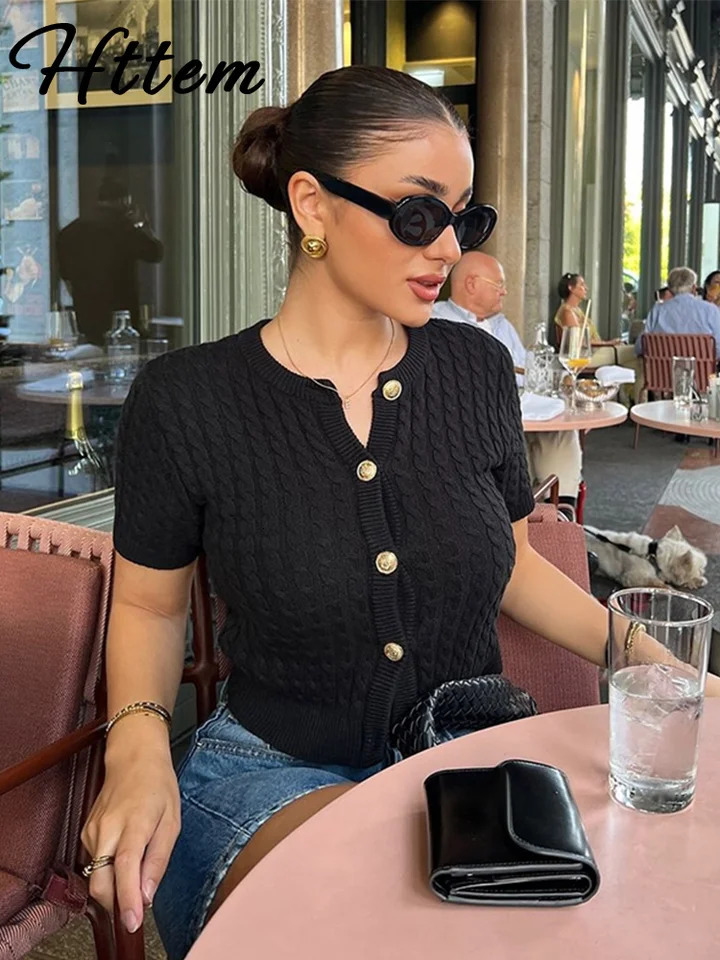 Elegant Knitted Single Breasted Cardigan Women Casual Oneck Short Sleeve Sweater Spring Allmatch Lady Knitwear 250211