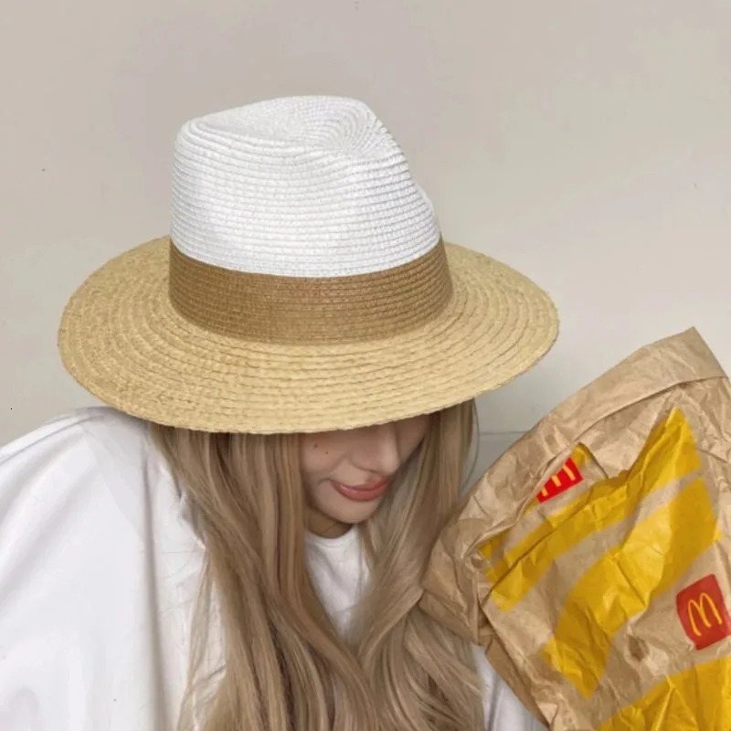 Summer Raffia Spliced Fashion Sunshade Straw Hat Womens Wide Brim Jazz Beach Hat Holiday UV Protection Sunscreen Sun Hats 250218