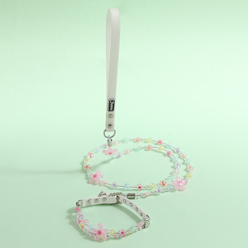 Fashion Dog Leather Collar with Colorful Beads and Small Flowers, Dog Collar Leash Set for Small Medium Dogs, Pet Neck Decoration, Adjustable Dog Acce