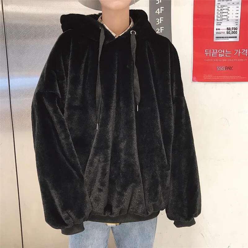 Plus Veet Hoodies Women Hooded Thicker Furry Cozy Korean Fashion Couples Simple Winter Warm Coats Loose Outwear Slouchy Ins