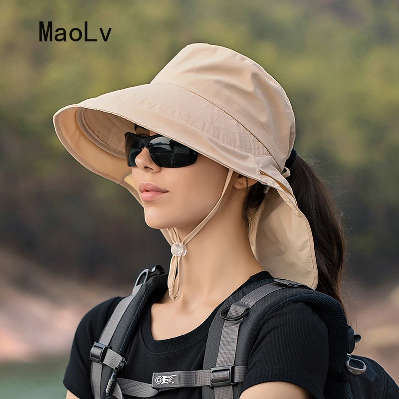 Summer Hat Women Outdoor UV Anti Neck Protection Sun Visor men Fishing Hiking Wide Brim Shawl Sunscreen Ponytail Cap undefine 250218