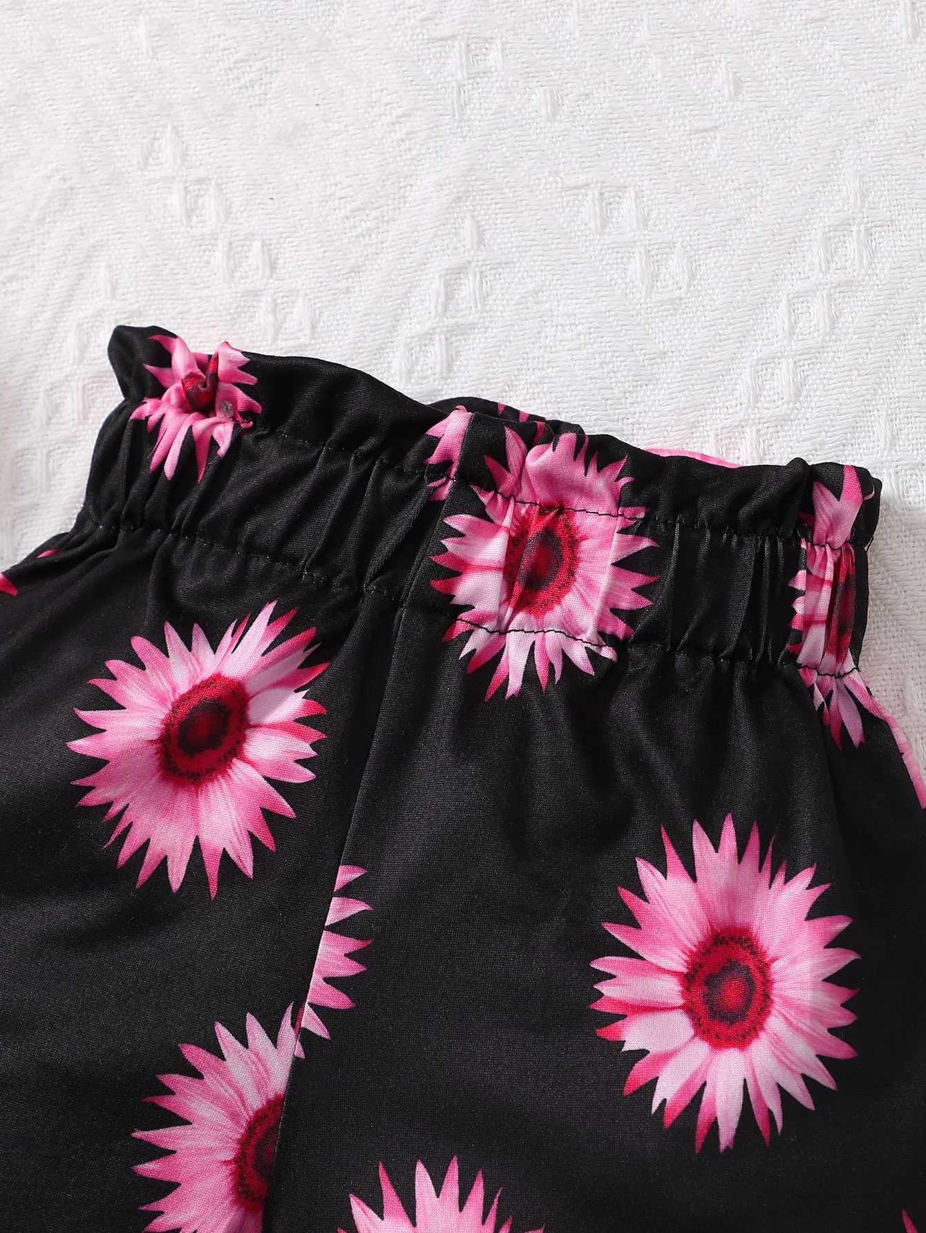 Fashion baby girl summer vacation lace shoulder strap top with floral sunflower print shorts set W250218