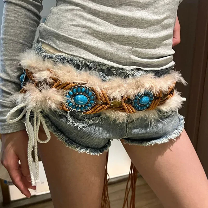 Bohemian Weave Fur Belts Vintage Cowgirl Belt Y2K Metal Plush Waxed Rope Waist Furry Fur Waistband Punk Night Club Beach 250214