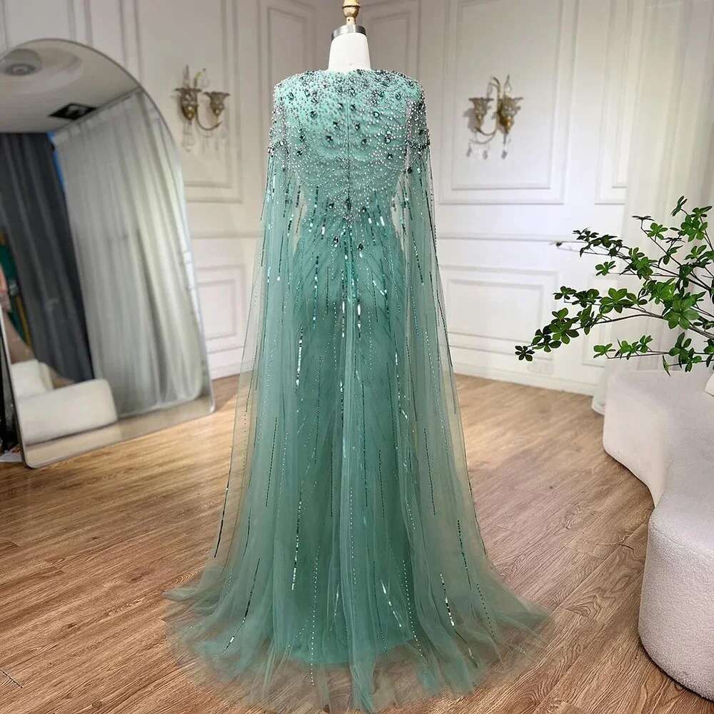 Mermaid Turquoise Evening Dresses Gowns With Beaded Cape Sleeves Design Customize Party dresses