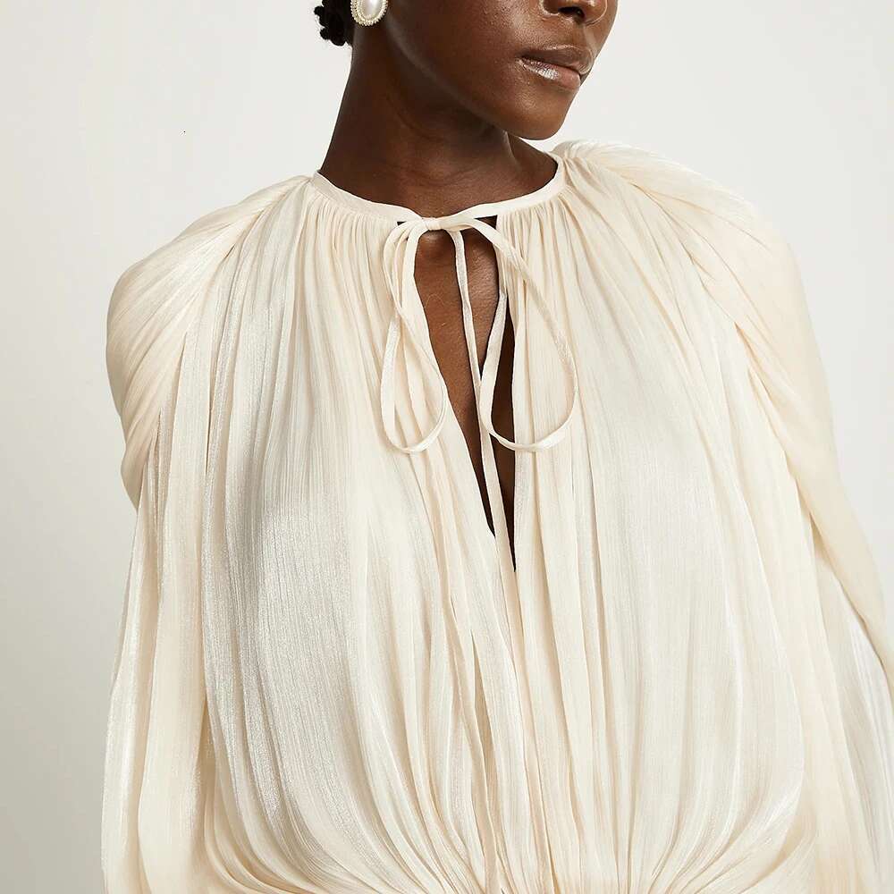 TWOTWINSTYLE Solid Spliced Lace Up Loose Dresses For Women O Neck Long Sleeve High Waist Temperament Dress Female Fashion New