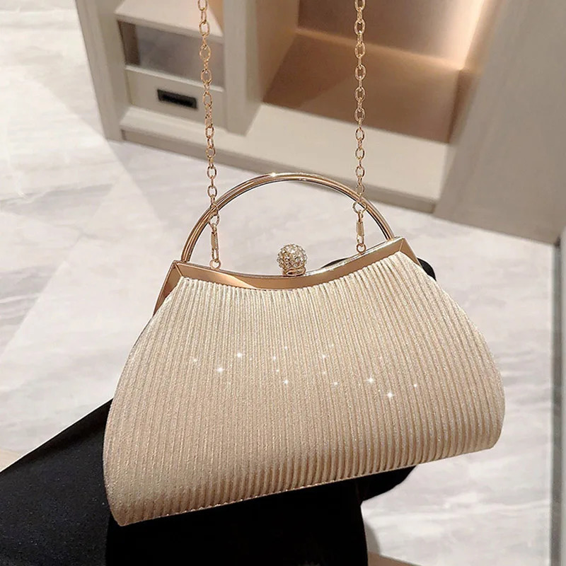 Pleated Evening Handbag Women Top Handle Glitter Day Clutch Ladies Wedding Dinner Dressed Clip Bag Diamond Party Purse Gold 250213