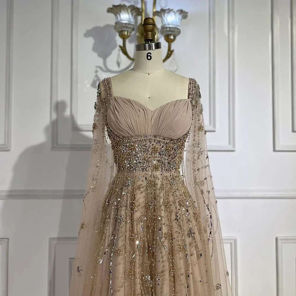 Champagne Arabic Dubai Evening Dress Celebrity Beaded Tassel High Slit Women Evening Party Customize BLA