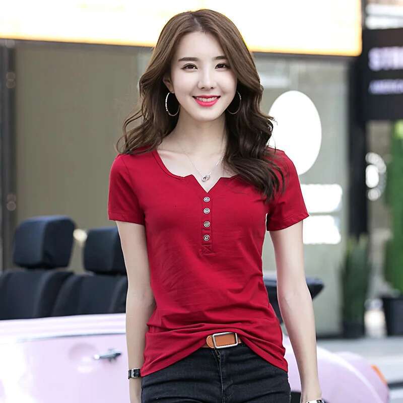 Summer New Fashion Designer T Shirt Casual V-neck Short Sleeved Women's T-shirts Button Down Shirt Slim Fit Solid Color Cotton Tops Tshirt