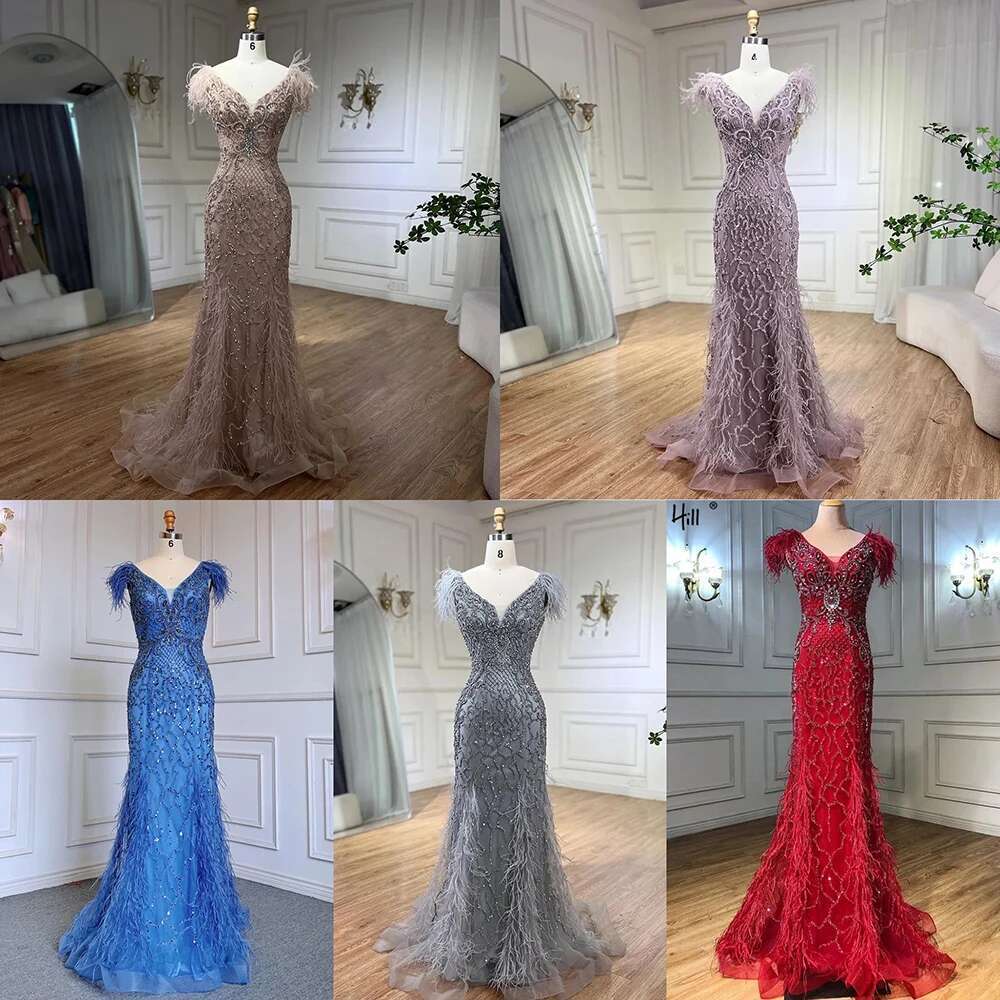 Dia Nude Feathers Sleeveless Sexy Mermaid Evening Dresses Formal Gown Elegant Customize BLA