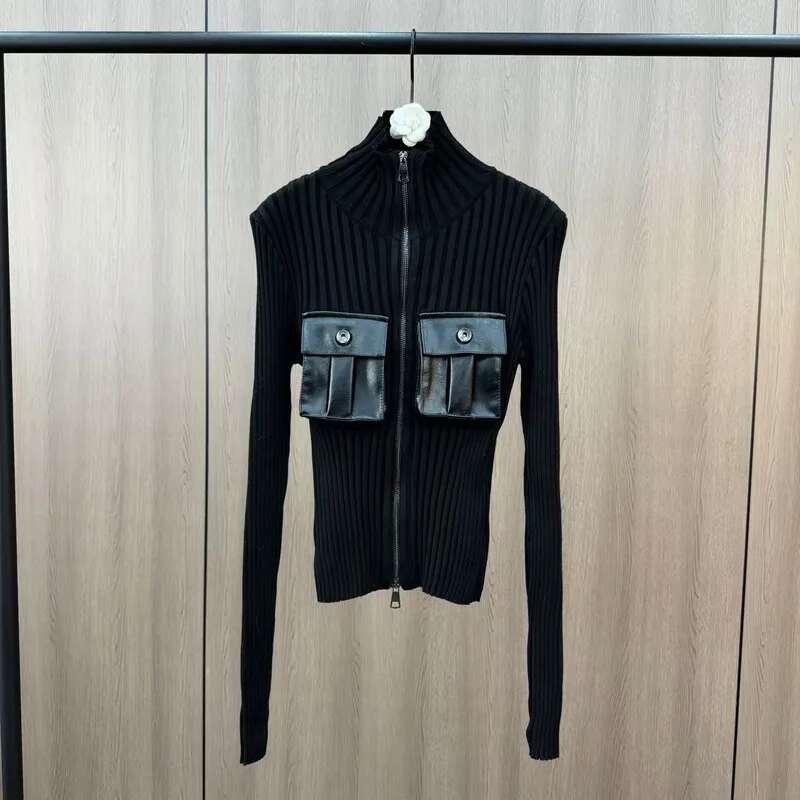 DEAT Women's 3D Pockets Splicing Zipper Design Knit Cardigan 2024 Winter Stand Collar Long Sleeves Tops Female Trendy