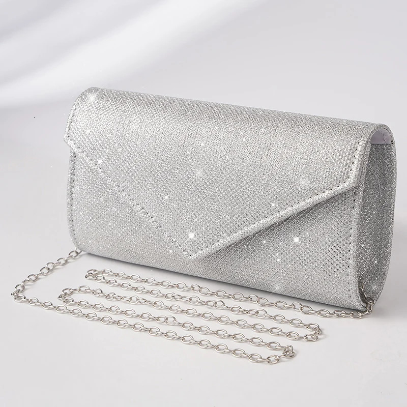 Women Envelope Evening Bag Glitter Ladies Chain Shoulder Bags Shiny Silver Long Purse Female Wedding Party Clutches Mini Handbag 250213