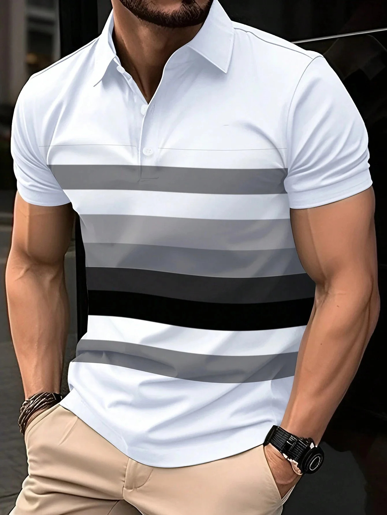 Summer Los Angeles Print Mens Short Sleeve Collar Tshirts Stripe Polo Shirt Breathable Loose Basic Splice Top Men Clothing 250213