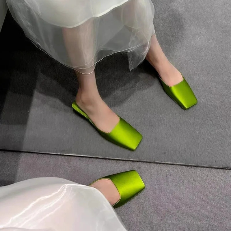 Sandals Square Toe Loafers Ladies Slippers Female Shoes Mules for Women Slides Low on A Wedge Block Heels er 250213