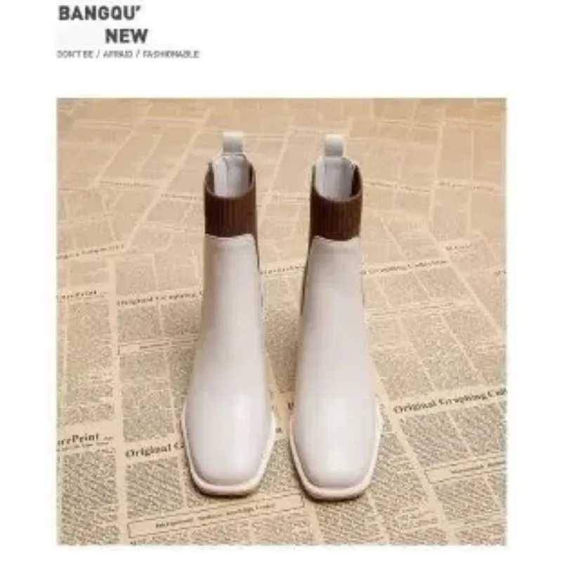 French square toe slim boots high heeled knitted short boots temperament thick heeled socks bootsXJ250217