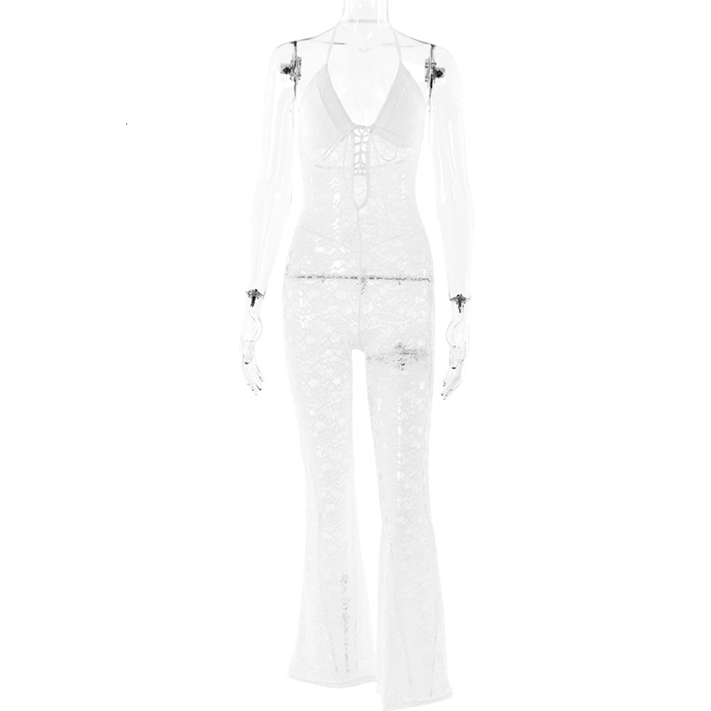 Women Jumpsuits Spring New Sexy Fashion Hollow Lace Perspective Backless Hanging Neck Slim Fit Rompers Summer