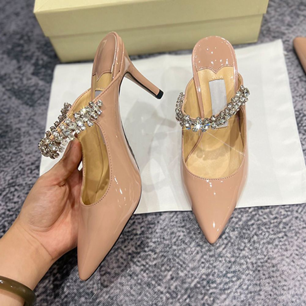 Designer High Heels Pumps Sexy Crystal Saeda Flat Mules Pointed Toe Dress Shoes Summer Sandals 735
