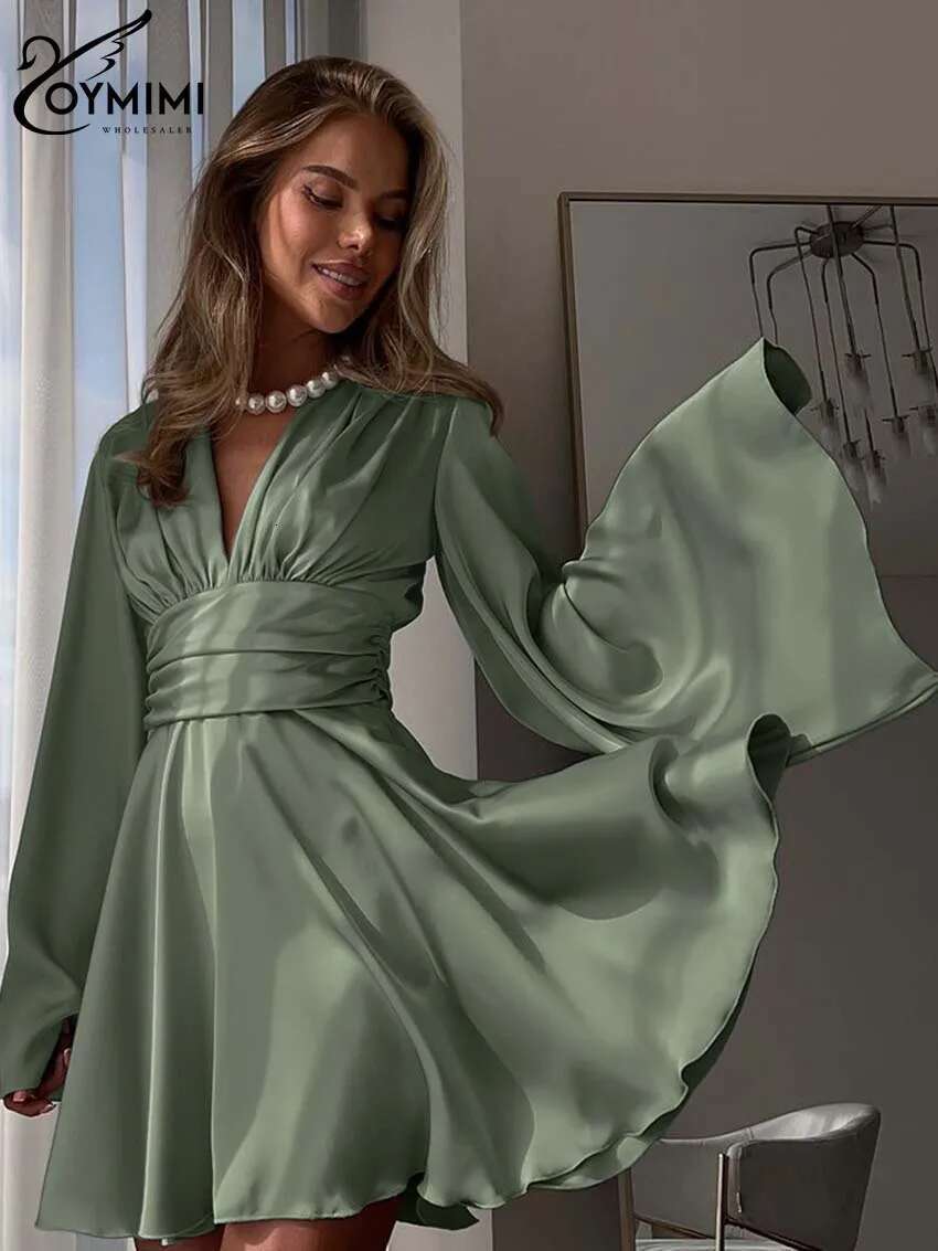 Oymimi Fashion Green Satin Women's Dress Elegant Deep V-Neck Long Sleeve Autumn High Waist Pleated Mini Dresses Female