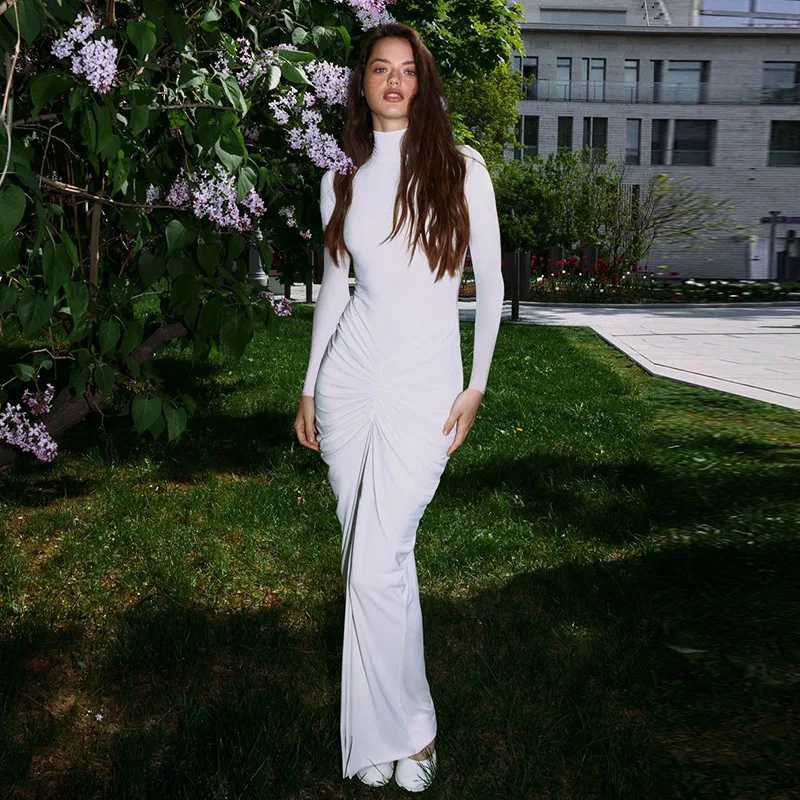 Basic Casual Dresses Lygens Stand Collar Long Slve Ruched Slit Bodycon WomenS Dresses Long Party Dress Winter Fashion Wholesale Casual Clothes H25217