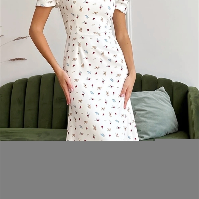 Women Floral Midi Vintage Dress Short Puff Sleeve Square Neck A-Line Dress Bohemian Summer Casual Elegant Flowy Dresses 250206