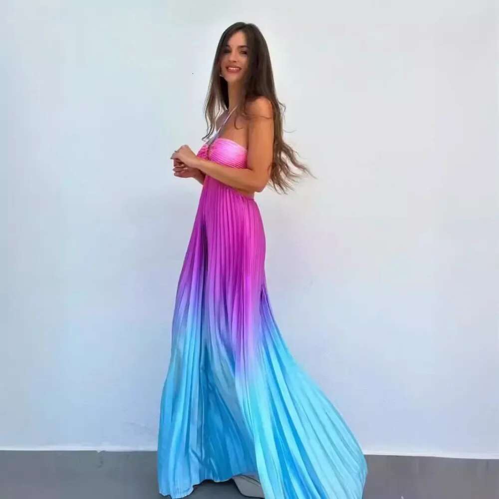 Fashion Gradient Holiday Dress Women Sexy Cut Out Backless Maxi Beach Dresses Summer Casual Loose Pleated Bohemia Outfits 2024