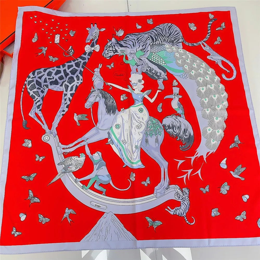 90CM Animal Party Handmade Curled Twill Silk Scarf Womens Curled Square Scarf Foulard Womens Baotou Scarf 250213