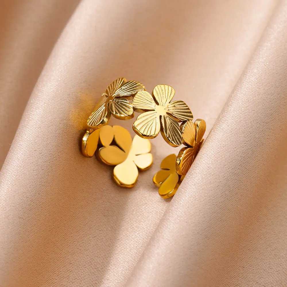Cluster Rings Stainless Steel Flower for Women Men Gold Color Open Vintage Ginkgo Leaf Ring 2024 New Trend Wedding Jewelry bague Gift H250217 OZ7L