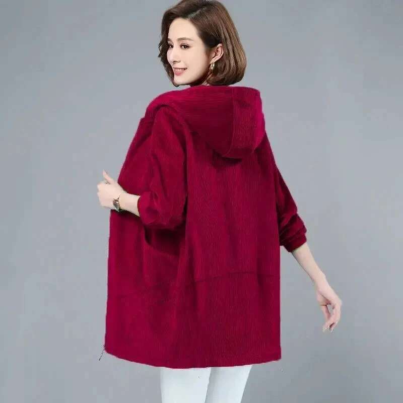Spring Autumn 2024 New Thin Corduroy Coat 5Xl Women's Medium Long Hooded Jacket Loose Casual Female Zipper Windbreaker Overcoat