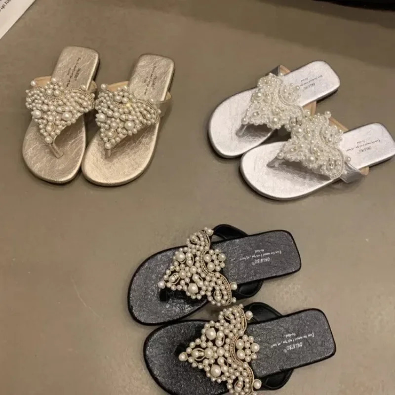 Flat Slippers Womens Summer Pearl Versatile Soft Soled Ethnic Style Clip-toe Sandals with Low Heels 250217