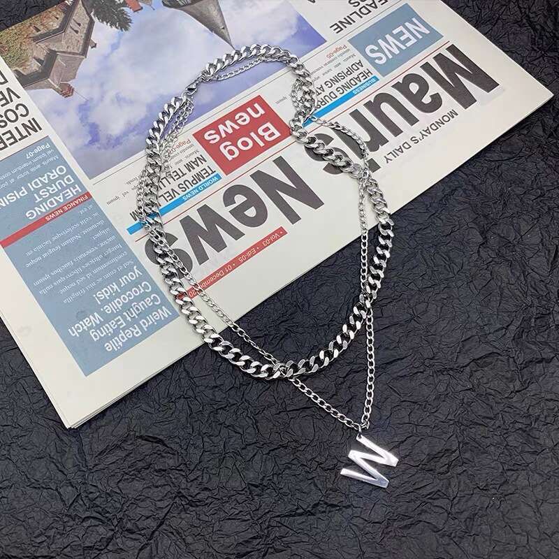 Titanium Steel Personality Letter W Necklace Double layered Layered Sweater Versatile Simple Hip Hop Cuban Chain Korean Edition Men's and Women&#