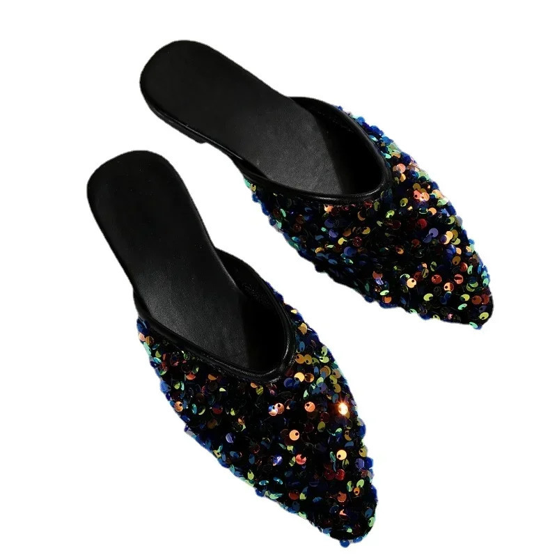 Shoes for Women 2024 Sparkling Rhinestones Womens Slippers Fashion Outer Wear Closed Toe Slippers Comfortabl Low Heel Mules 250217