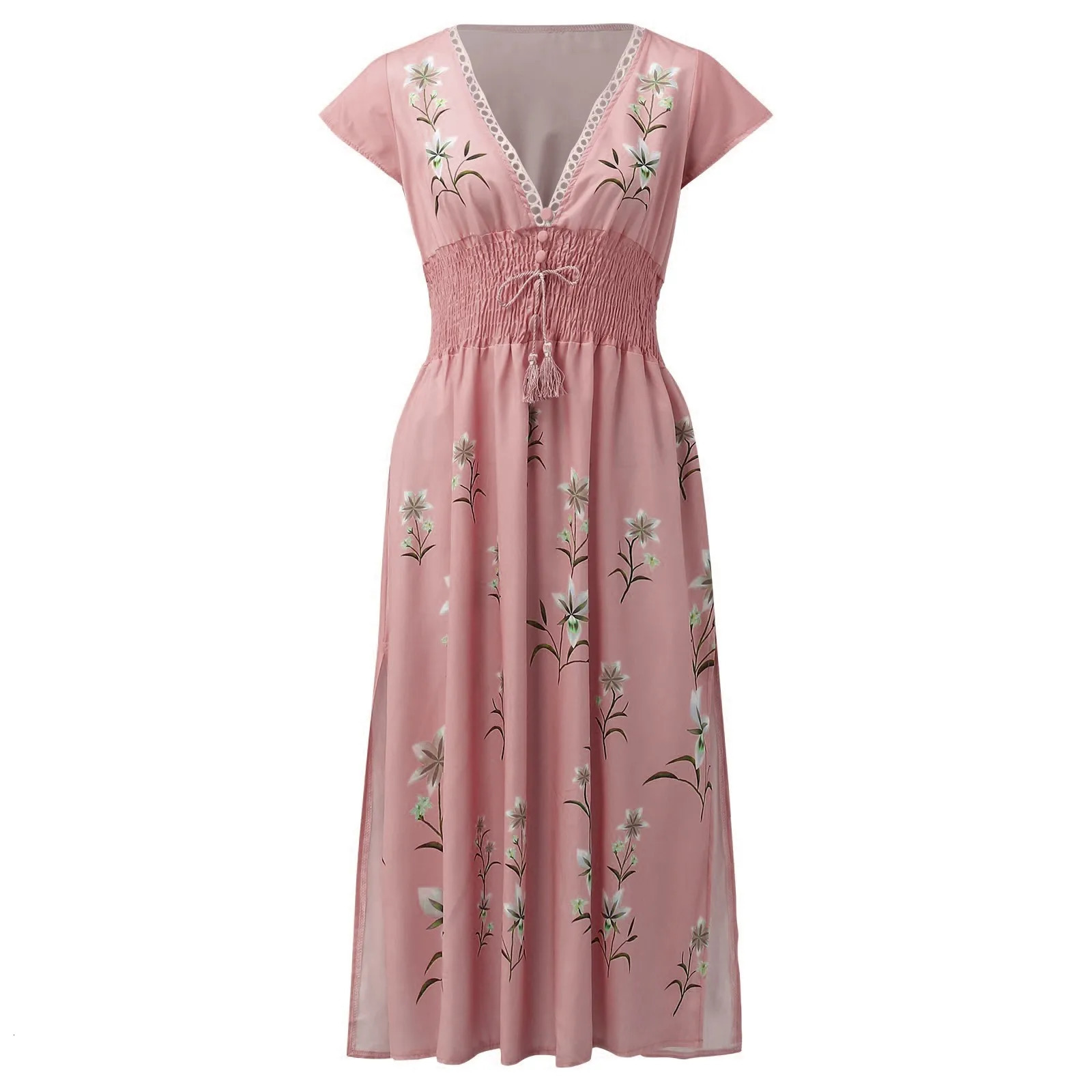 Bohemian beach dress womens pleated V-neck floral retro high waisted A-line long sleeved lace jacquard Maxi Sundress 250213