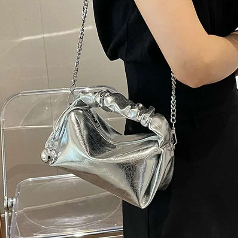 Sier PU leather women chain crossbody 2024 High quality pleated handbag Fashion pillow bag