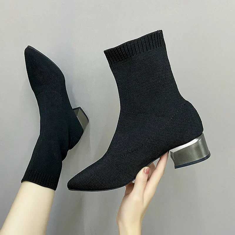 Womens Knitted Ankle Boots Pointed Toe Strehy Chunky med Heels Fi Sock Short Botas womens bootsXJ250217