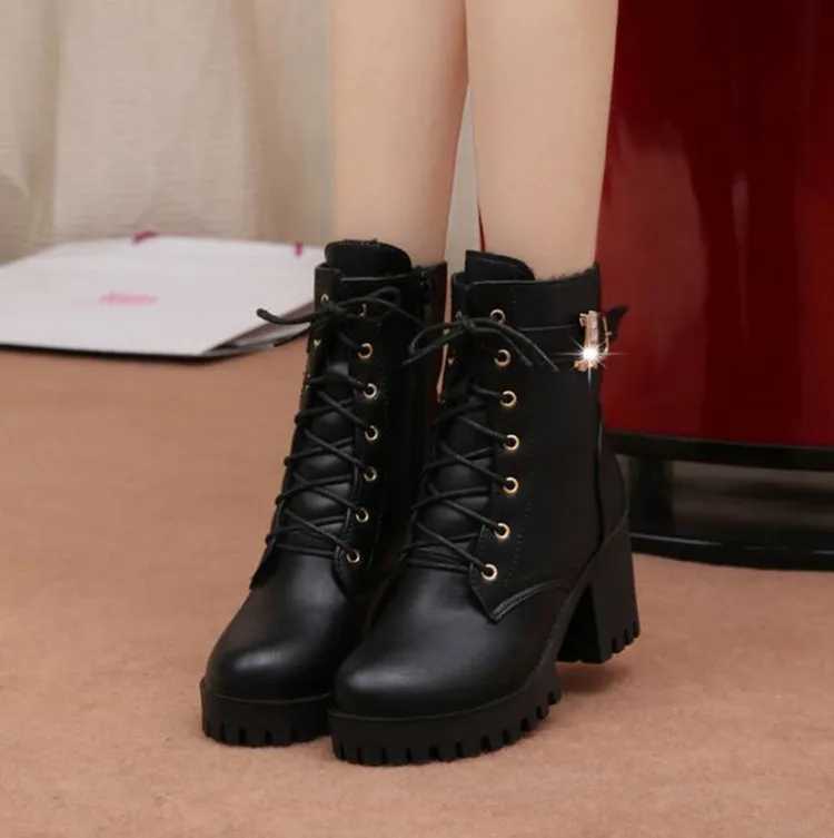 Hot Sale 2022 Women Boots Lace Up Flat Biker Wine Red Boots Shoes Buckle Woman Botas Women BootsXJ250217