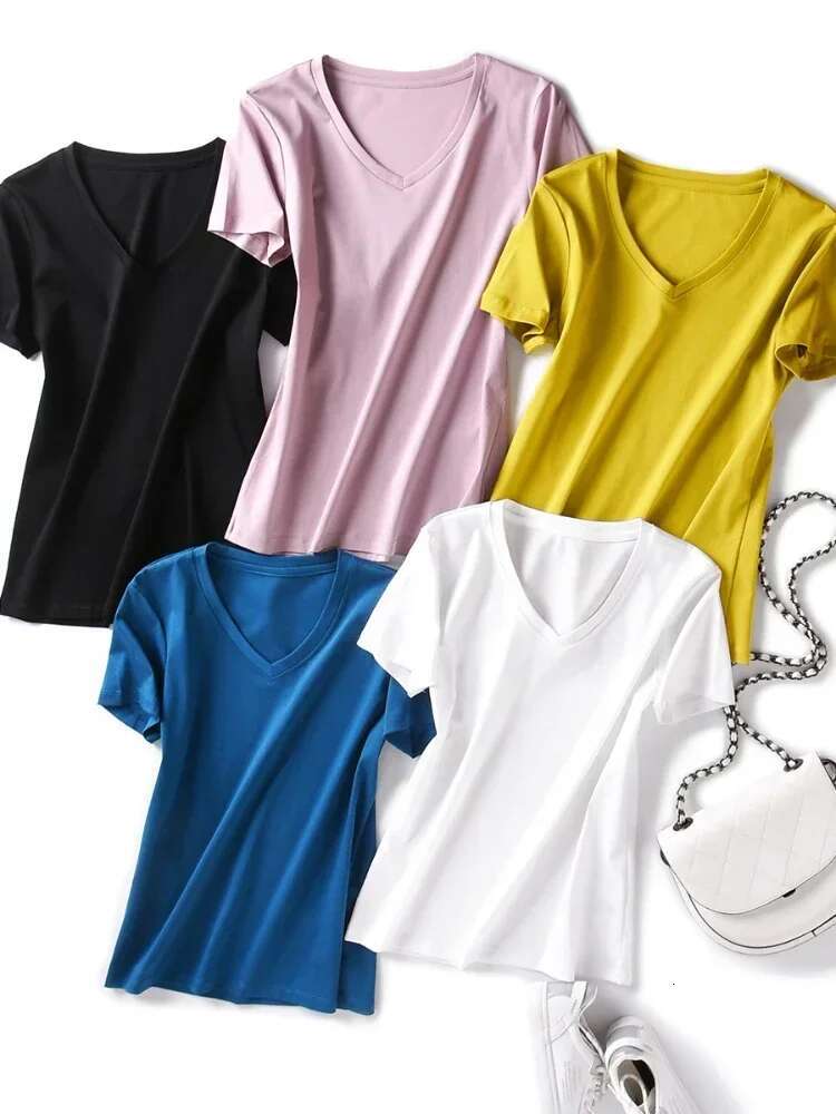 Summer 80 Thread Silk Cotton Fashionable Short Sleeved Tshirt For Women's Casual Basic V-neck T-shirts Solid Color Plus Size Tops Designer T Shir