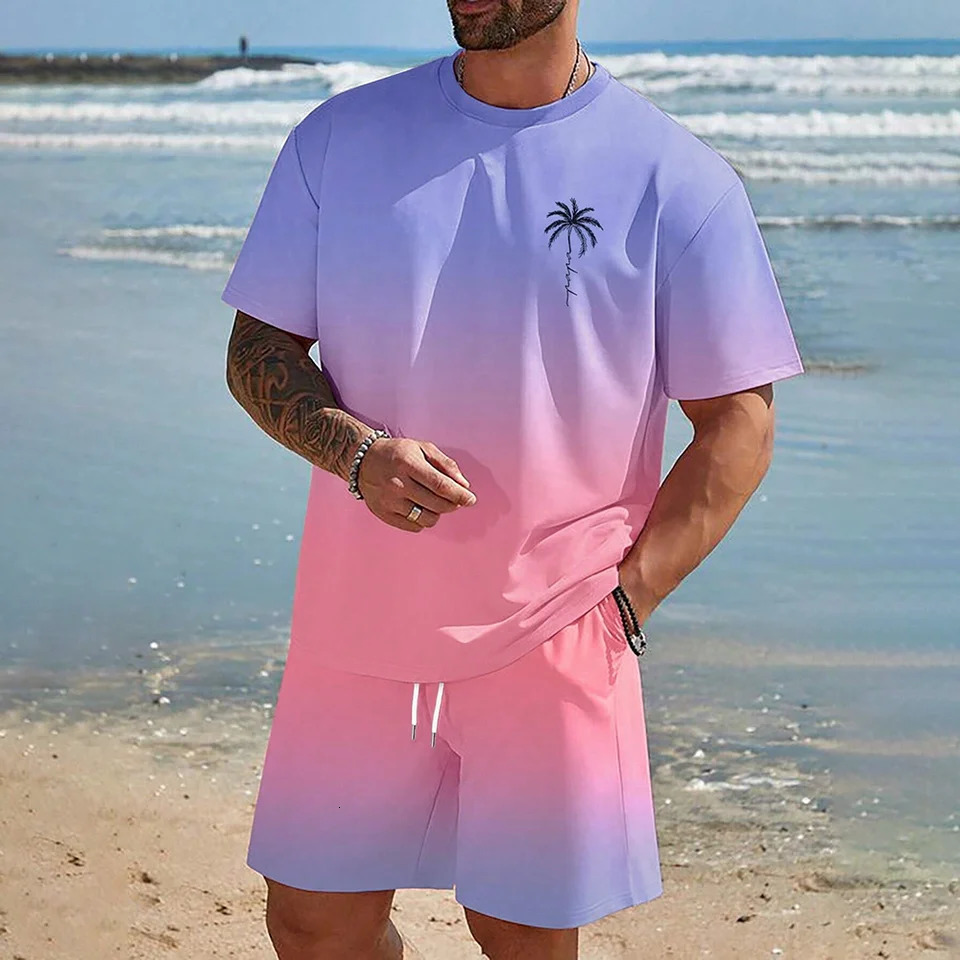 Hawaiian Set European And American Trendy Beach Short Sleeved Shirt Men S Dopamine Beach Casual Shorts Set Soft And Comfortable 250217
