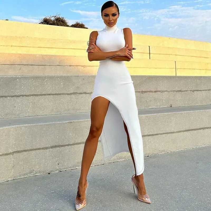 Basic Casual Dresses Hawthaw Women Fashion Party Club Evening Strtwear Bodycon White Midi Dress 2024 Summer Clothes Wholesale Items For Business H2521