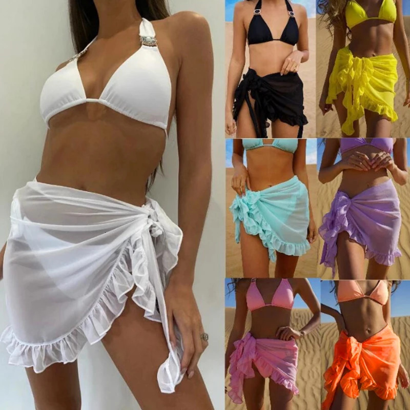 Women Swimsuit Bikini Coverup Skirt Summer Solid Color Beach Wrap Swimwear Female Ruffle Trim Lace Up Sarong Cover 250212
