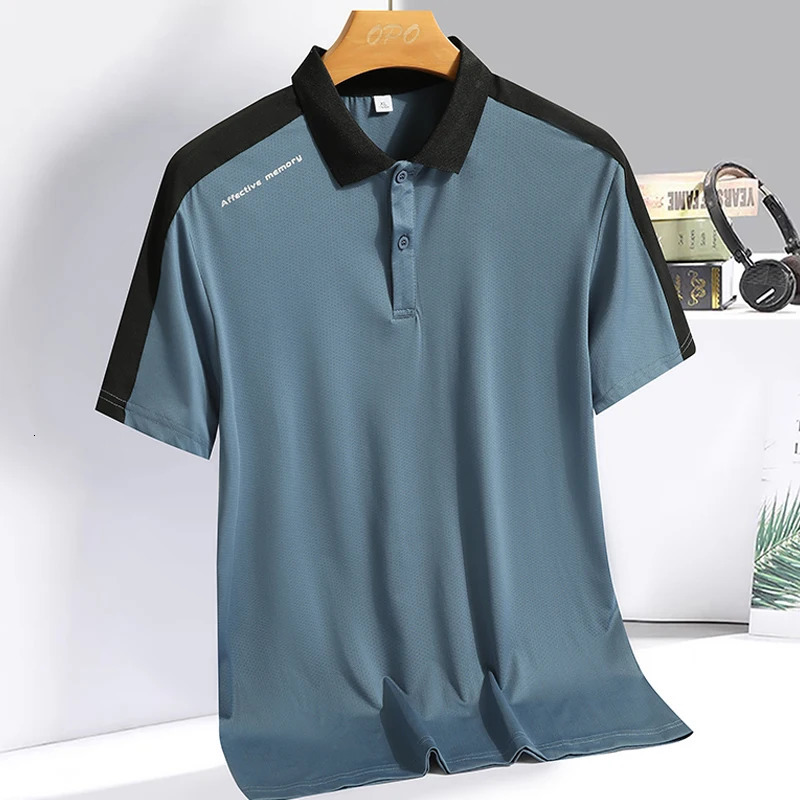 Mens Polo collar top with summer ice silk breathable quick drying short sleeved Tshirt patchwork contrasting color polo shirt 250219