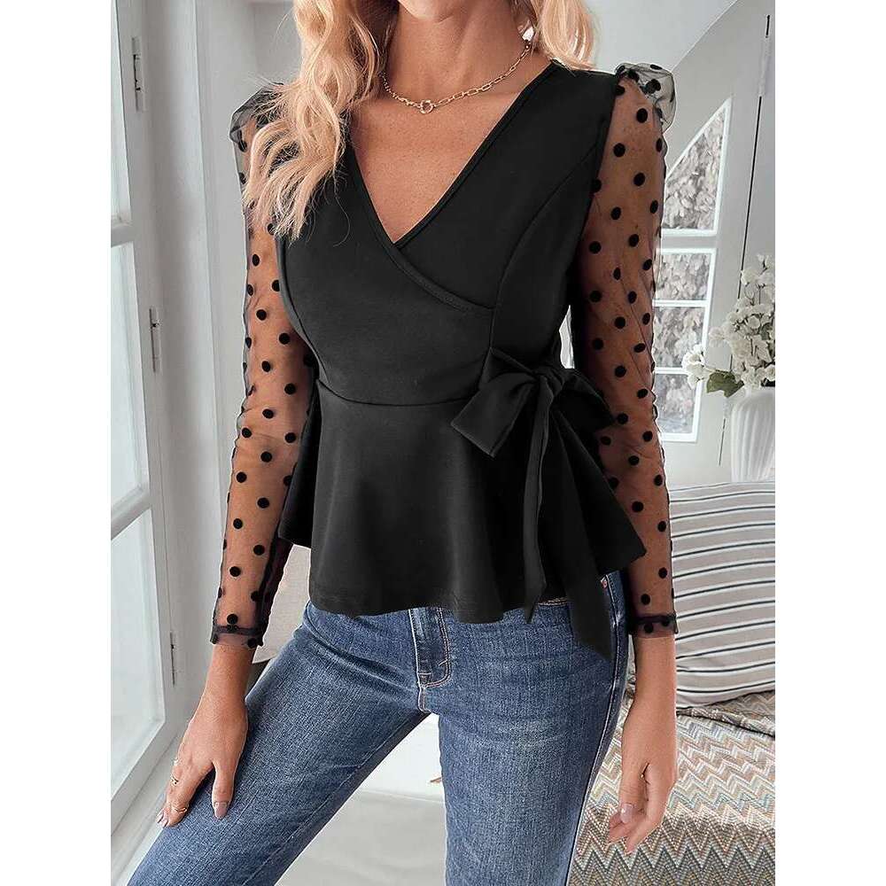 Women's Fashion Casual Soild Black Color Mesh Ing Long Sleeve V-Neck Side Bow Loose Hem Waist Knit Top Shirt