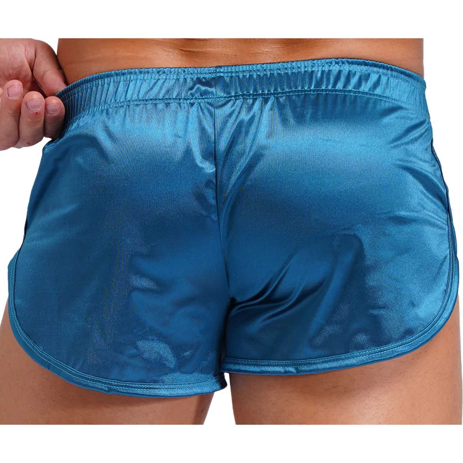 Mens Side Split Satin Swim Shorts Built-in Bulge Pouch Boxer Brief Shorts Swimming Trunks Pajama Bottoms Loungewear Homewear M250218