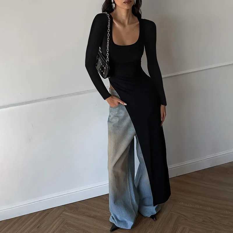 Basic Casual Dresses Lygens O Neck Long Slev Split Slit Solid WomenS Dresses Y2K Strtwear Casual Clothes Midi Long Elegant Ladies Clothes H25217
