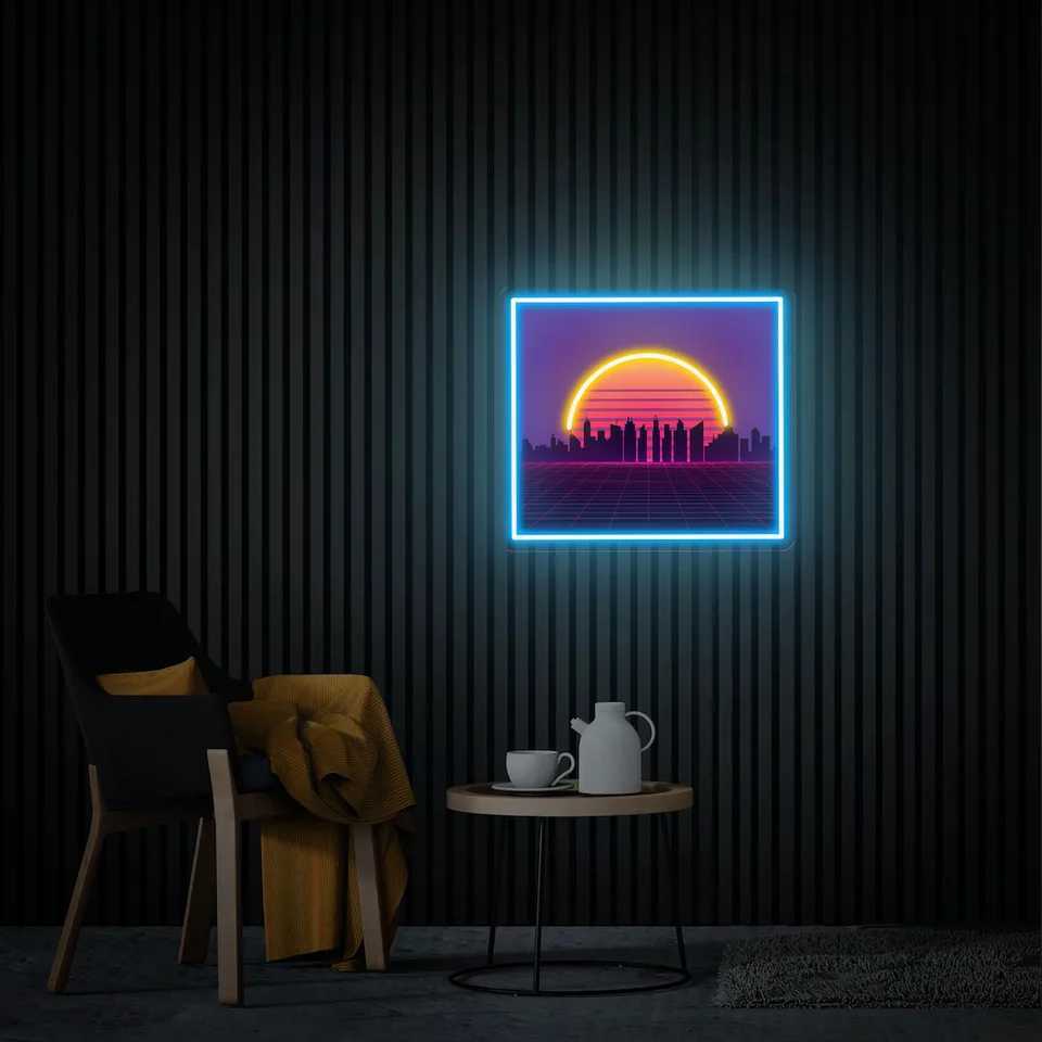 Sunset Vaporwave UV Printed Neon Sign Tropical Sunset Handmade Acrylic Artwork Custom Neon Sign Ideal Gift for Bedroom Z250218